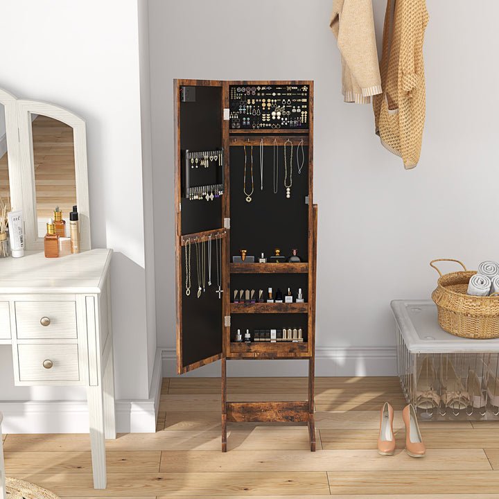 Freestanding Mirror Jewelry Cabinet with LED Lights, Jewellery Organiser with 3 Angle Adjustable, Full-Length Mirror with Storage for Earrings, Necklaces, Rings and Lipsticks, Rustic Brown