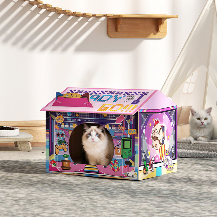 MCL 2 in 1 Gaming Style Cardboard Cat House with Scratching Board & Catnip for Indoor Cats, Pink
