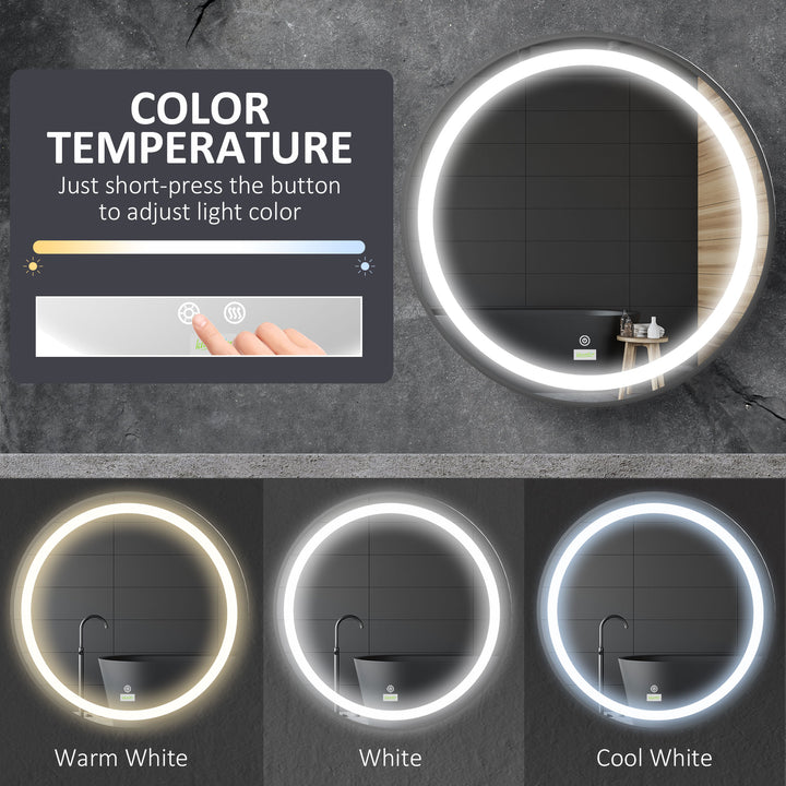 kleankin Luminous Lavatory Mirror: Round, Dimmable LED, Wall-Mounted, 3 Temperature Tones, Memory Function, Hardwired | Aosom UK