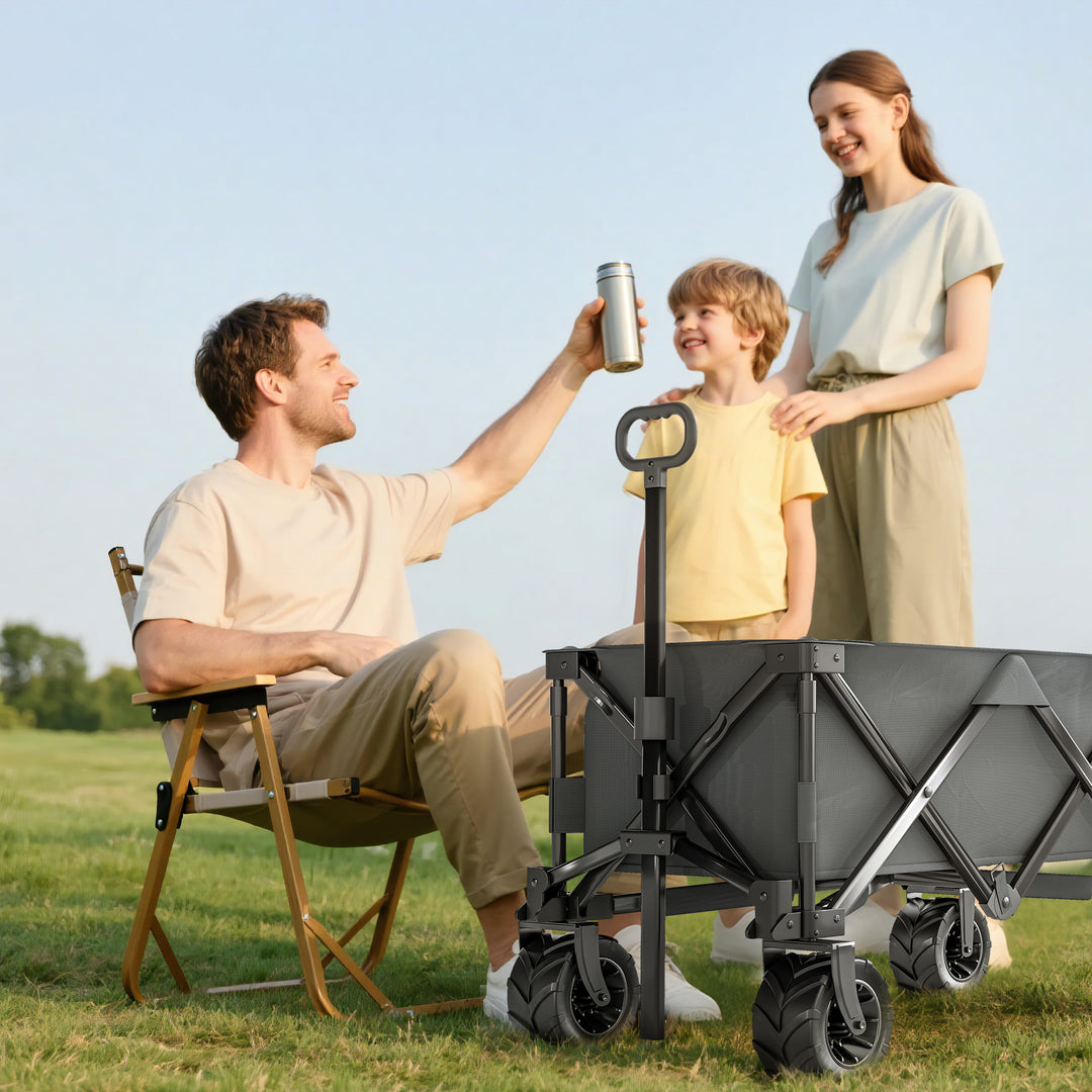 Outdoor Pull Along Cart Folding Cargo Wagon Trailer Trolley for Beach Garden with Handle, Anti-Slip Wheel - Dark Grey