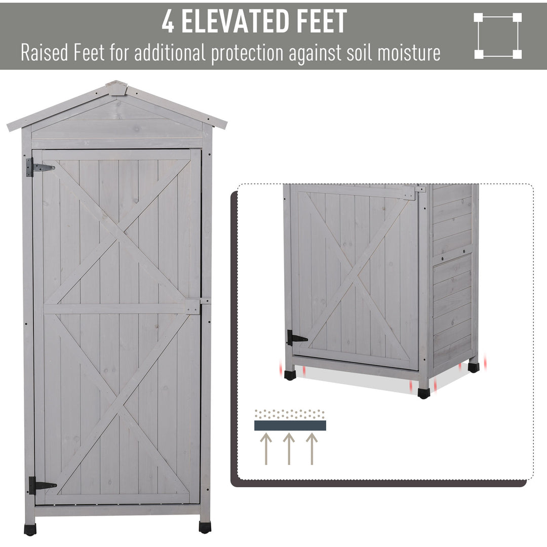 Wooden Garden Shed, Outdoor Storage Cabinet with 2 Shelves and Hooks, Locking Organiser Outdoor Narrow Tool House, 74x55x155cm, Grey
