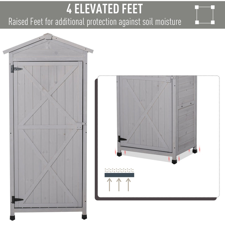Wooden Garden Shed, Outdoor Storage Cabinet with 2 Shelves and Hooks, Locking Organiser Outdoor Narrow Tool House, 74x55x155cm, Grey