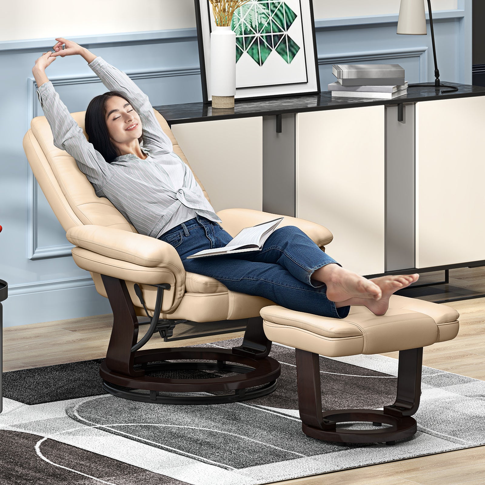 Faux Leather 135° Reclining Chair and Footstool - Beige