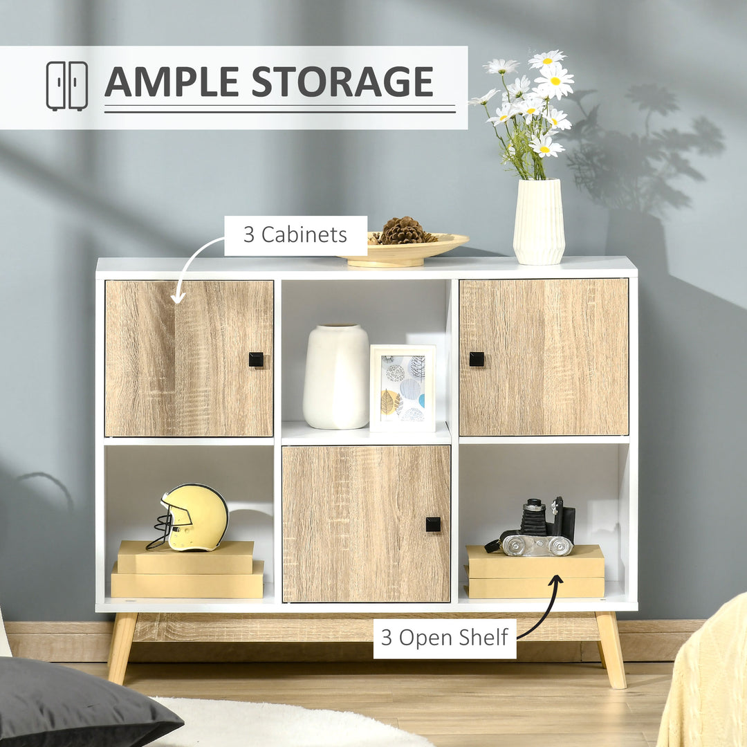 HOMCOM Storage Cabinet, Bookcase, Display Shelf with 6 Storage Cubes & Doors for Dining Room, Living Room, Natural