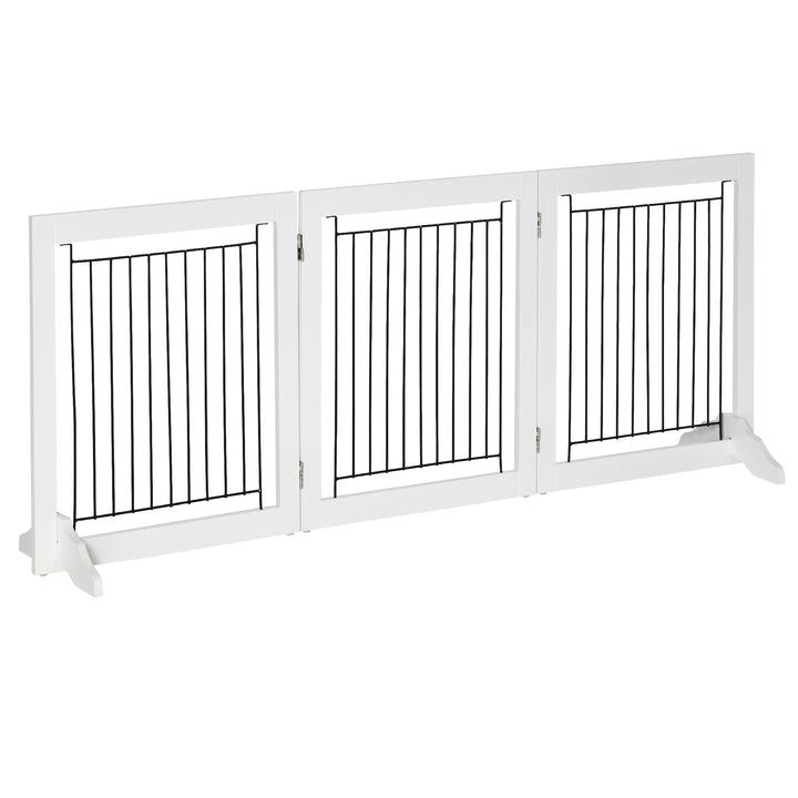 PawHut Dog Gate, Freestanding Pet Gate, Wooden Puppy Fence Foldable Design w/ 61 cm Height 3 Panels, 2 Support Feet, Doorway Stairs White | Aosom UK