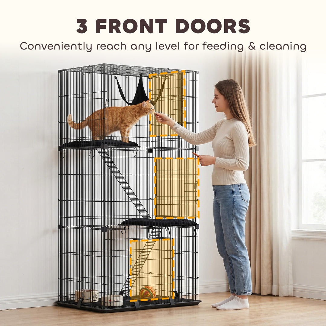 3-Tier Large Cat Cage Indoor, Detachable Metal Wire Kennel with Hammoc