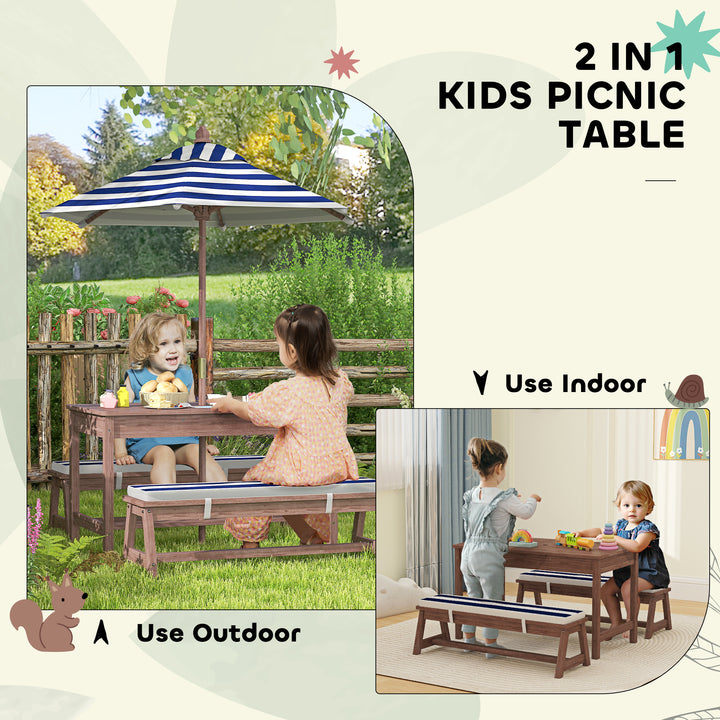 Outdoor Wooden Kids Picnic Table &amp; Bench Set with Cushions and Umbrell