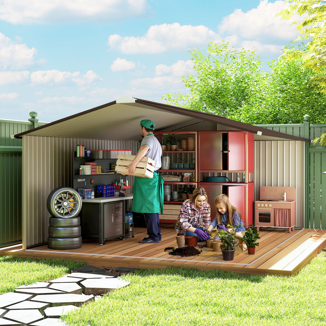 13 x 11ft Metal Garden Shed, Outdoor Storage Tool House with Ventilation Slots, Foundation Kit and Lockable Double Doors, Light Brown