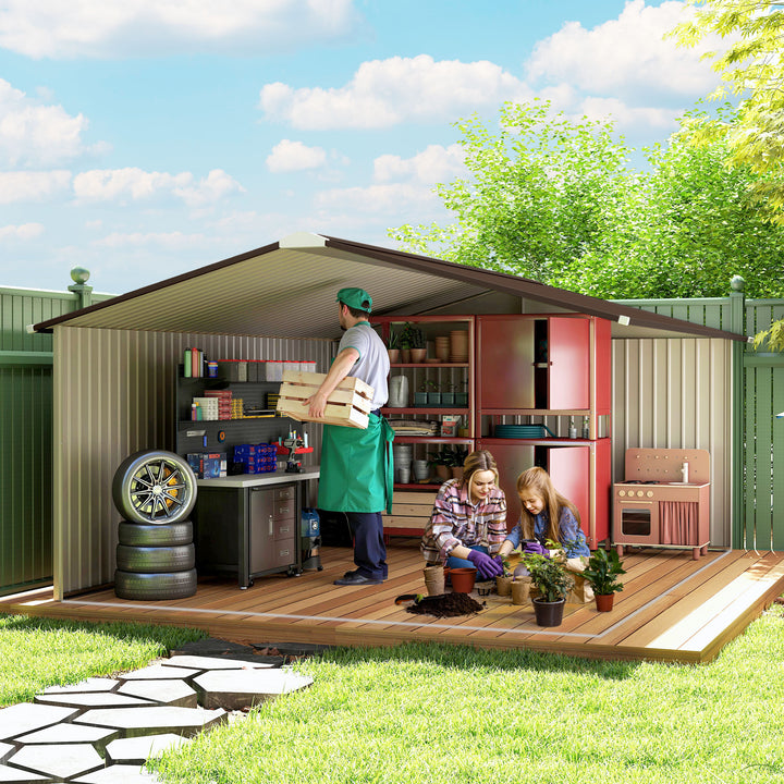 13 x 11ft Metal Garden Shed, Outdoor Storage Tool House with Ventilation Slots, Foundation Kit and Lockable Double Doors, Light Brown