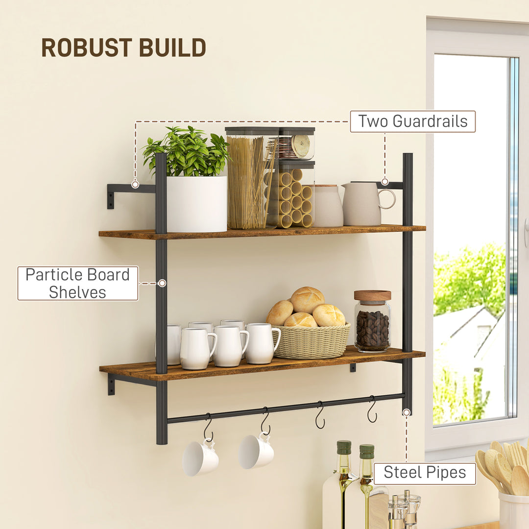 Wall Mounted Floating Shelves with 4 Hooks, Rustic Wall Shelf Unit for Living Room, Entryway, Rustic Brown