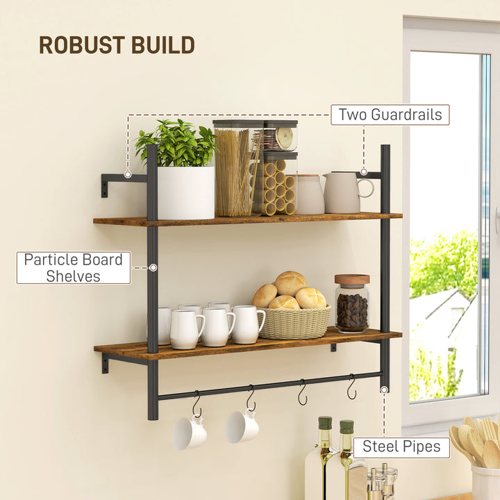 Wall Mounted Floating Shelves with 4 Hooks, Rustic Wall Shelf Unit for Living Room, Entryway, Rustic Brown