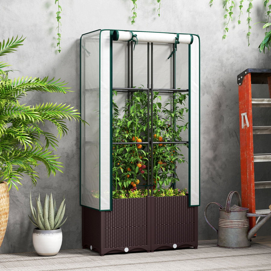 Raised Garden Bed with Trellis, Plastic Planter Box with PE Cover, Drainage Holes, Drain Plugs and Water Reservoirs for Climbing Plants, Vegetables, Flowers, 80 x 40 x 140 cm