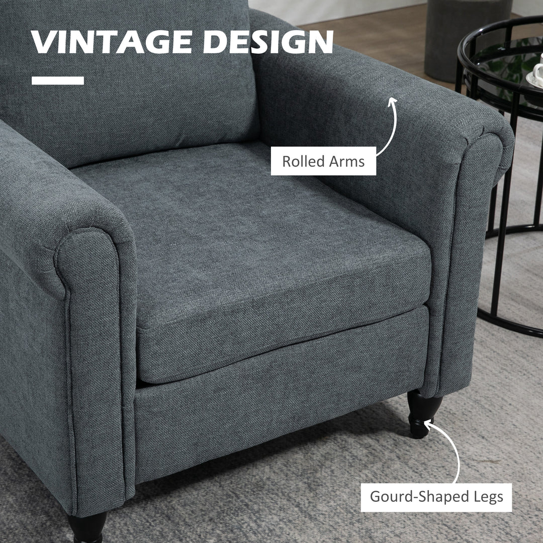 Vintage Accent Chair, Upholstered Occasional Chair with Back Pillow, Rolled Arms, Rubber Wood Legs, Grey