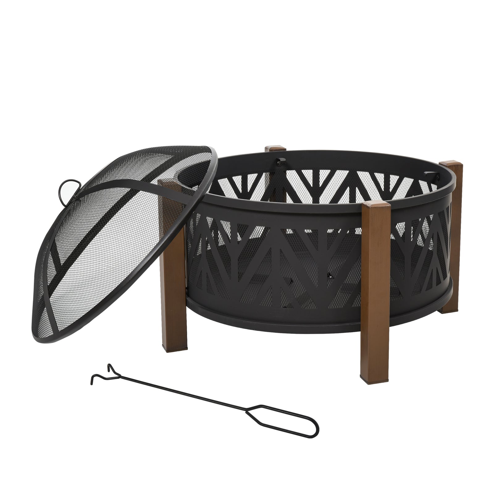 Metal Large Firepit Bowl Outdoor 2-In-1 Round Fire Pit Brazier w/ Lid, BBQ Grill, Poker for Backyard, Camping, Bonfire, Wood Burning Stove, 78 x 78 x 60cm, Black