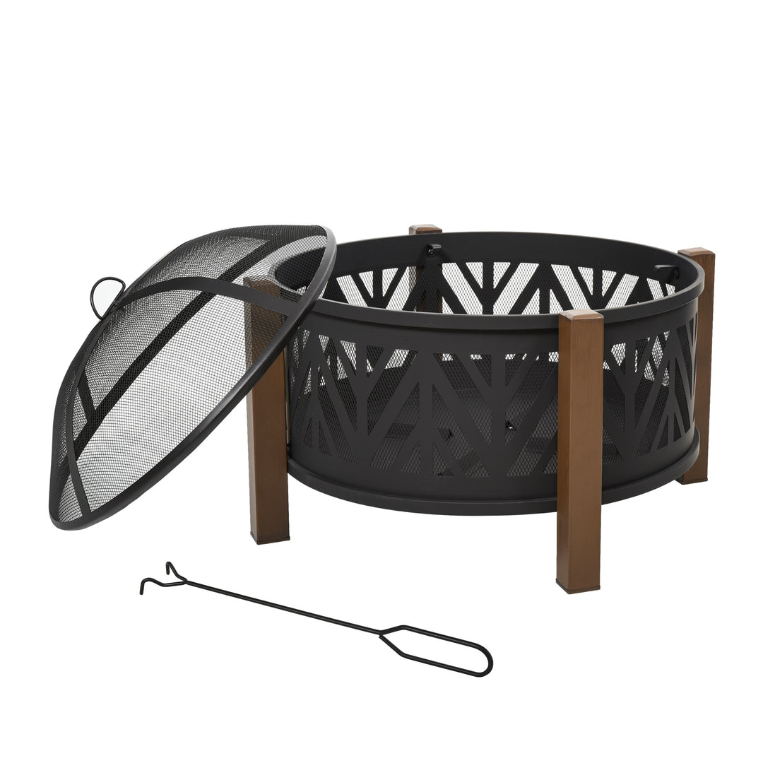 MCL Metal Large Firepit Bowl Outdoor 2-In-1 Round Fire Pit Brazier w/ Lid,  BBQ Grill, Poker for Backyard, Camping, Bonfire, Wood Burning Stove, 78 x 78 x 60cm, Black