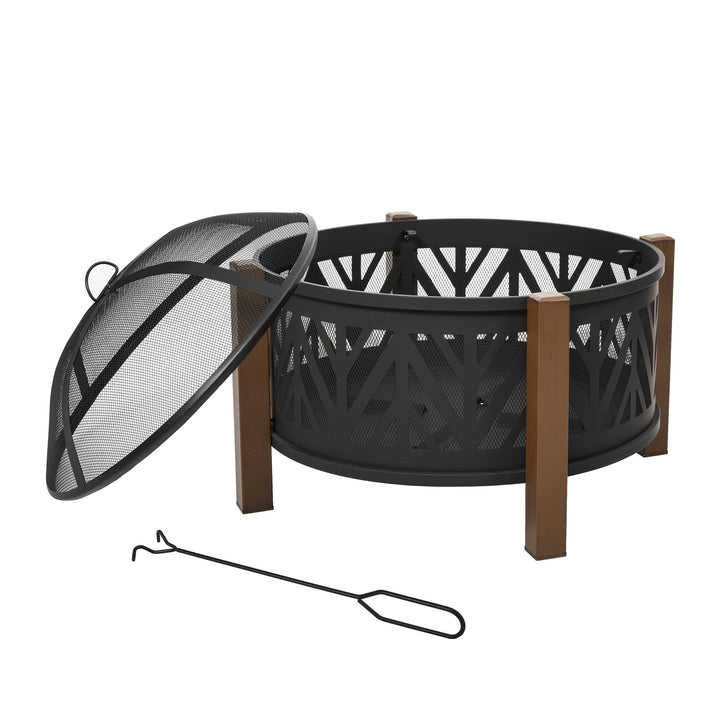 MCL Metal Large Firepit Bowl Outdoor 2-In-1 Round Fire Pit Brazier w/ Lid,  BBQ Grill, Poker for Backyard, Camping, Bonfire, Wood Burning Stove, 78 x 78 x 60cm, Black