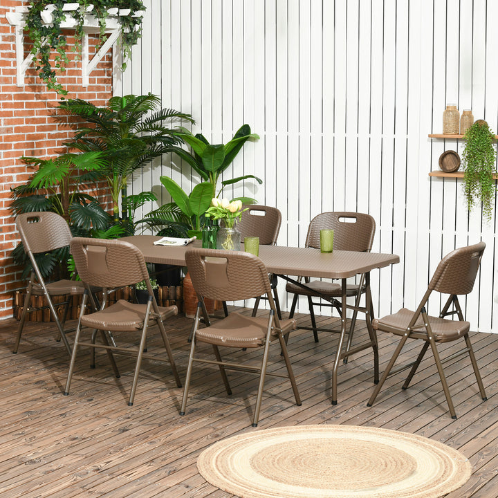 Outsunny Patio 7 PCs Resin Rattan Dining Set, Foldable Chairs and Table w/ HDPE Molding Process, Portable, Space