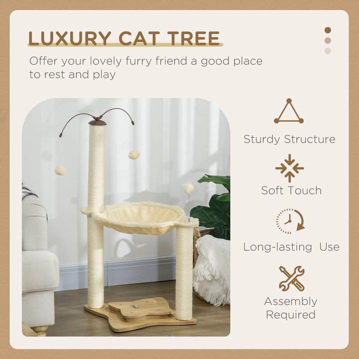 PawHut Cat Tree Indoor Kitten Play Tower, Sisal Scratching Posts with Hammock & Ball Toy, 53.5x53.5x90 cm, Beige | Aosom UK