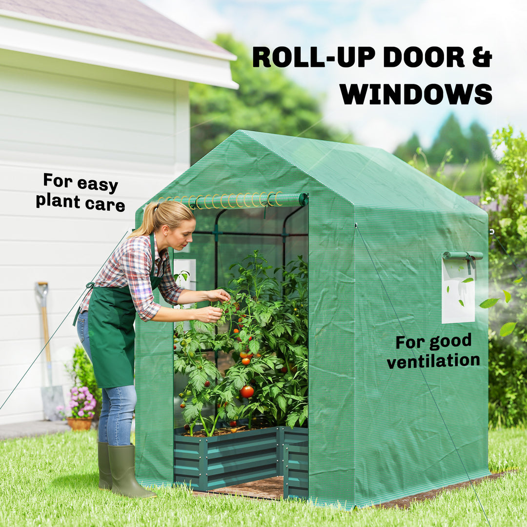 Small Greenhouse with Raised Garden Bed, Galvanised Walk-in Greenhouse with Roll Up Windows, 141 x 141 x 190 cm