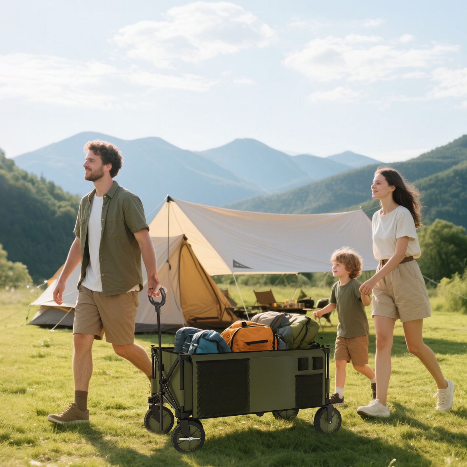 Folding Garden Trolley, Cargo Trailer on Wheels, Collapsible Camping Trolley with Folding Board, Outdoor Utility Wagon with Steel Frame and Oxford Fabric, Green