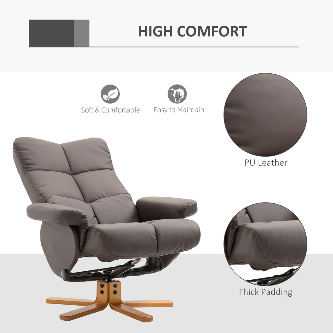 Recliner Armchair, Swivel Reclining Chair With Ottoman, Swivel Faux Leather Chair with Wooden Base and Storage Footstool for Living Room, Brown