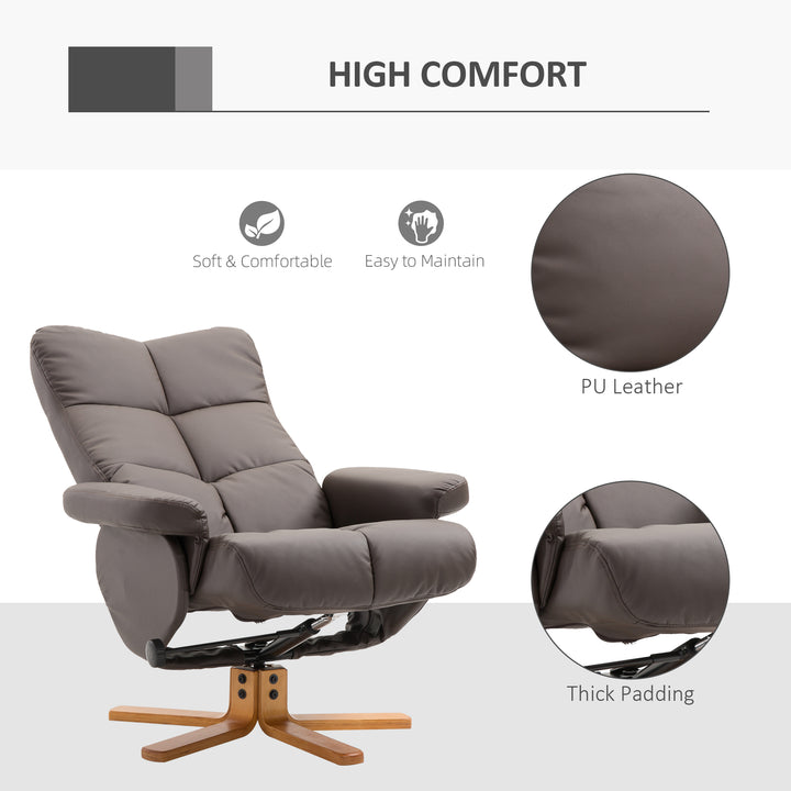 Recliner Armchair, Swivel Reclining Chair With Ottoman, Swivel Faux Leather Chair with Wooden Base and Storage Footstool for Living Room, Brown