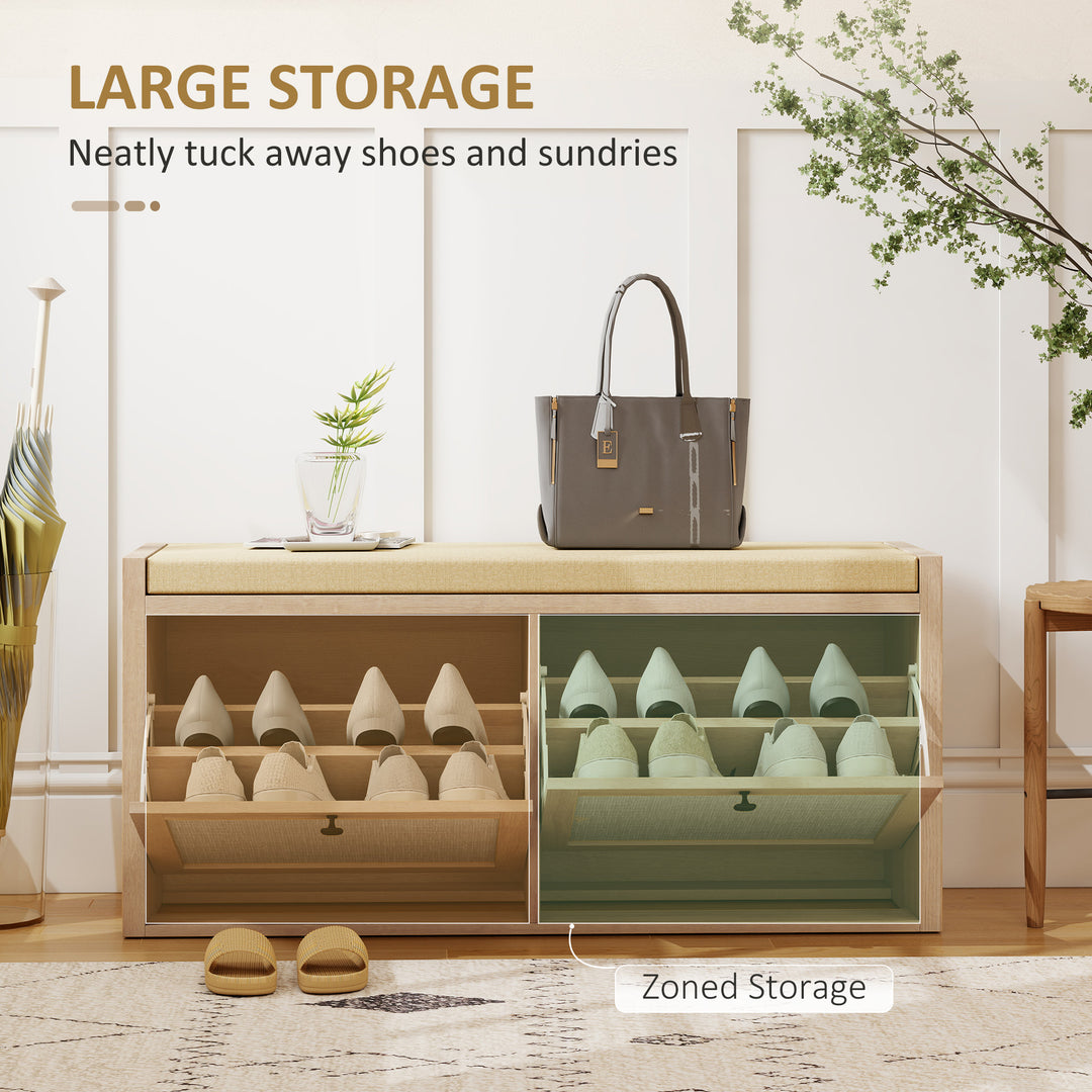 Rattan Shoe Bench with Padded Cushion and 2 Cabinets for Hidden Storag