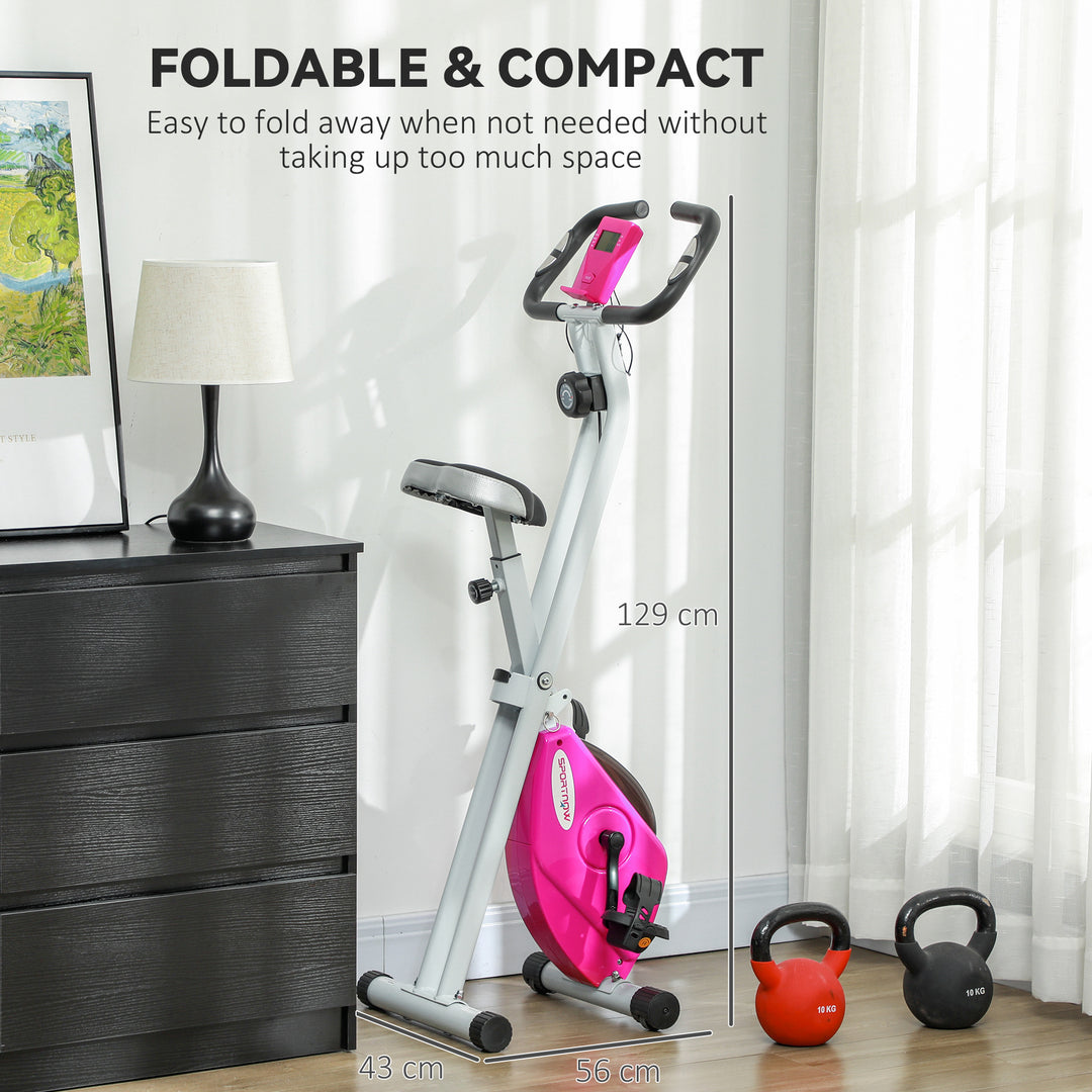Folding and Quiet Exercise Bike with 8-Level Magnetic Resistance and Heart Rate Sensor, for Home Gym, Pink and White