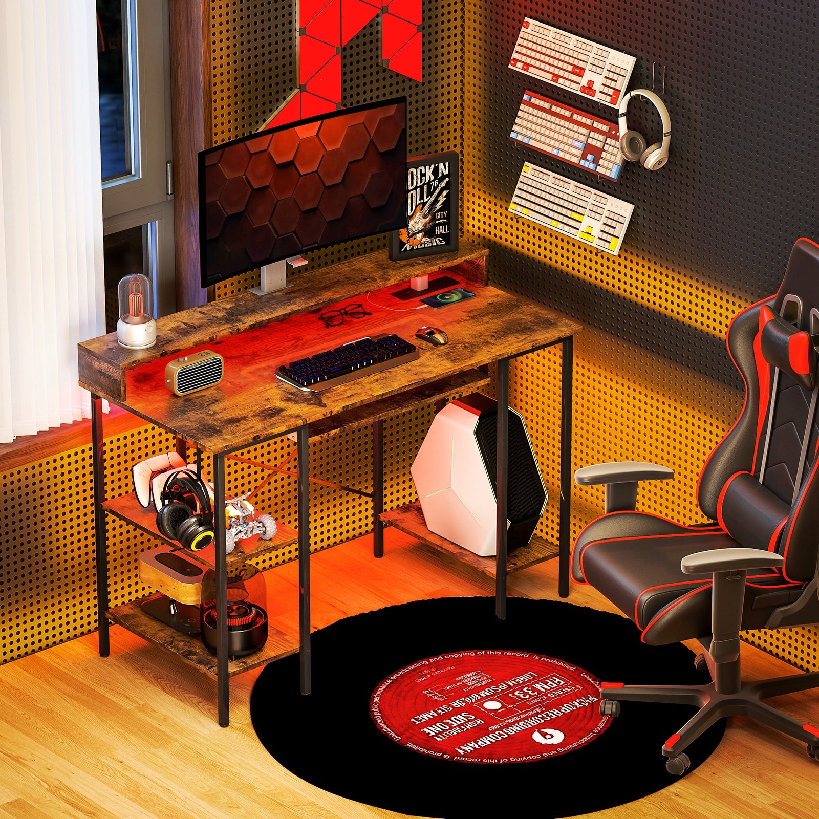 Computer Desk with LED Lights and Power Outlets, 120 x 55 cm Gaming Desk with Monitor Stand, Sliding Keyboard Tray and Storage Shelves for Home Office, Rustic Brown