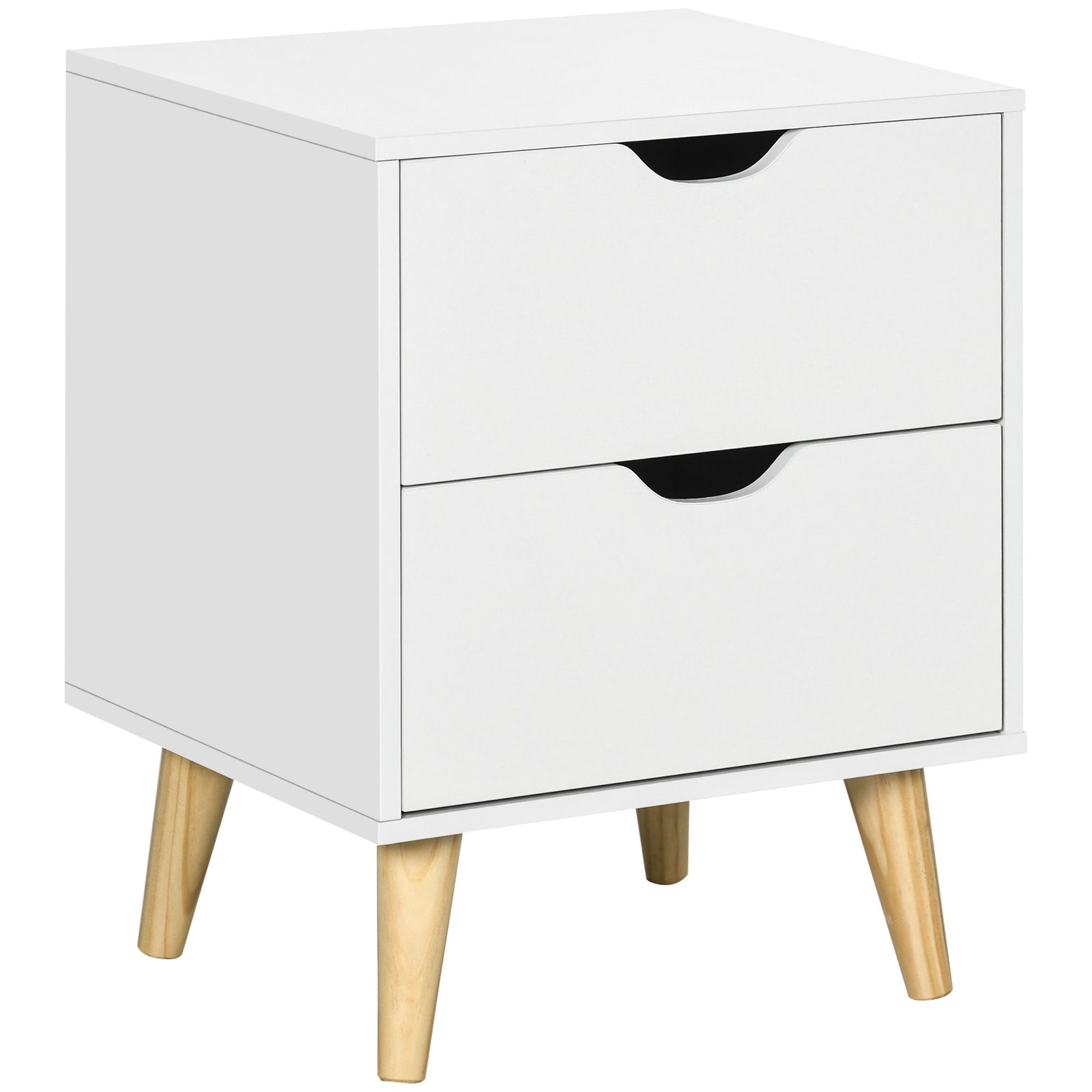 Bedside Table, Bedside Cabinet with 2 Drawers, Side End Table with Pine Wood Legs for Bedroom Living Room, White