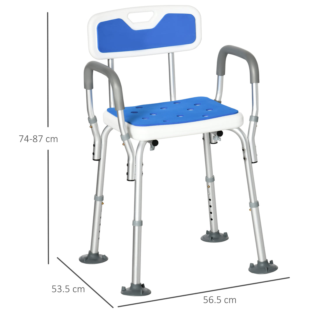 HOMCOM Shower Stools Shower Seat for Elderly and Disabled, EVA Padded, Height Adjustable with Back and Arms, 4 Suction Foot Pads, Blue | Aosom UK