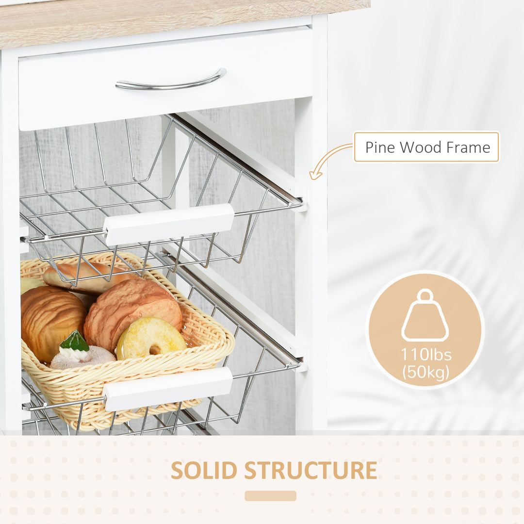 Rolling Kitchen Cart, Utility Storage Cart with 4 Basket Drawers & Side Racks, Wheels for Dining Room, Natural and White