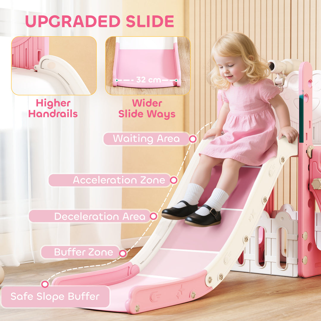 5 in 1 Kids Slide Set with Basketball Hoop, Climbing Frame, Telescope,