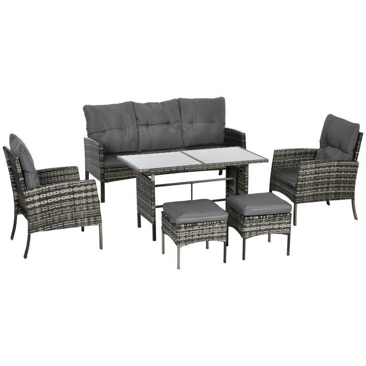 5 Seater Rattan Garden Furniture Set, 2 Armchairs, 3-Seater Wicker Sofa, 2 Footstools and Glass Table, 6 Piece Patio Rattan furniture Sofa Sets with Cushions for Conservatory, Mixed Grey