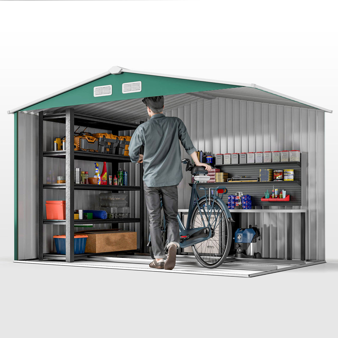 9 x 6ft Metal Garden Shed, Outdoor Storage Tool House with Ventilation Slots, Foundation Kit and Lockable Double Doors, Green