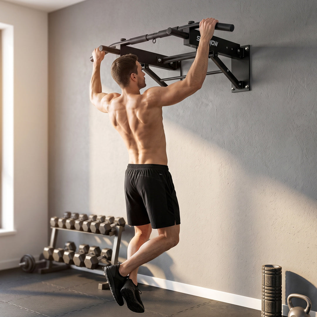Pull Up Bar Wall Mounted Chin Up Bar with Folding Design, 3 Hooks for 