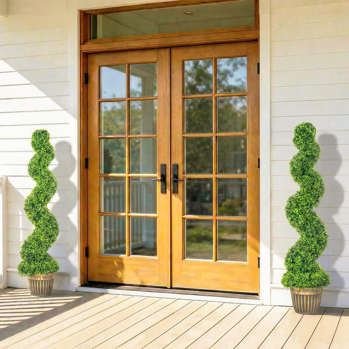 Set of 2 Artificial Plants, Topiary Spiral Boxwood Trees with Pot, for