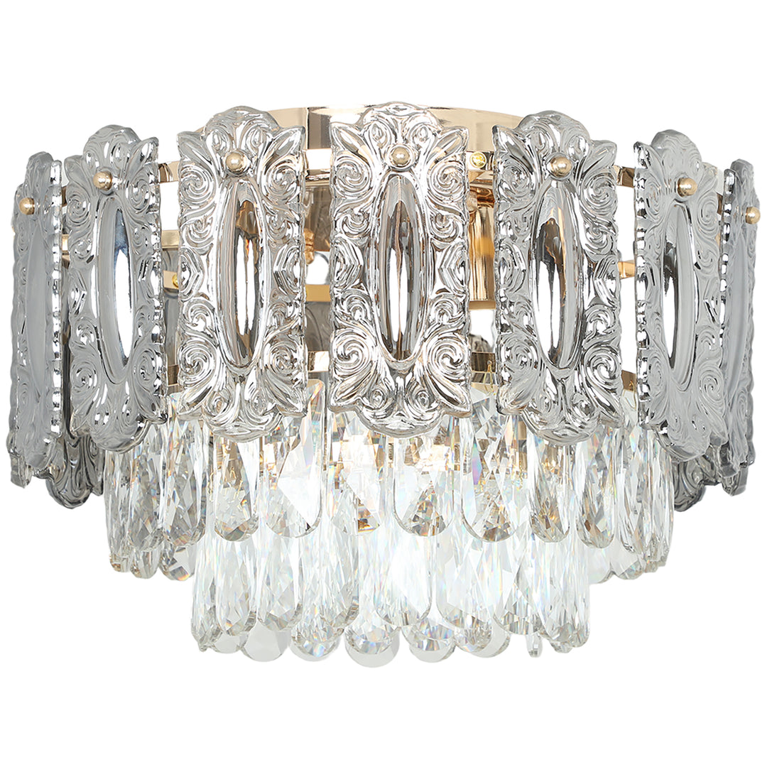 MCL Chandelier Ceiling Light, 3-Light Vintage Flush Mount Fixture with Dual Crystal and Smoke Glass Shade, LED Ceiling Light for Living Room Bedroom, 3 E27 Sockets, Bulbs Not Included, Gold Tone