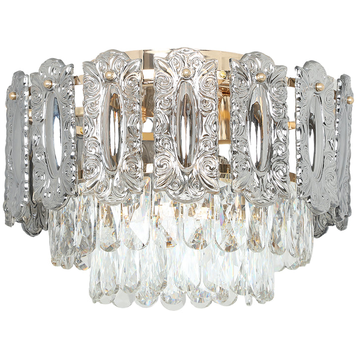MCL Chandelier Ceiling Light, 3-Light Vintage Flush Mount Fixture with Dual Crystal and Smoke Glass Shade, LED Ceiling Light for Living Room Bedroom, 3 E27 Sockets, Bulbs Not Included, Gold Tone