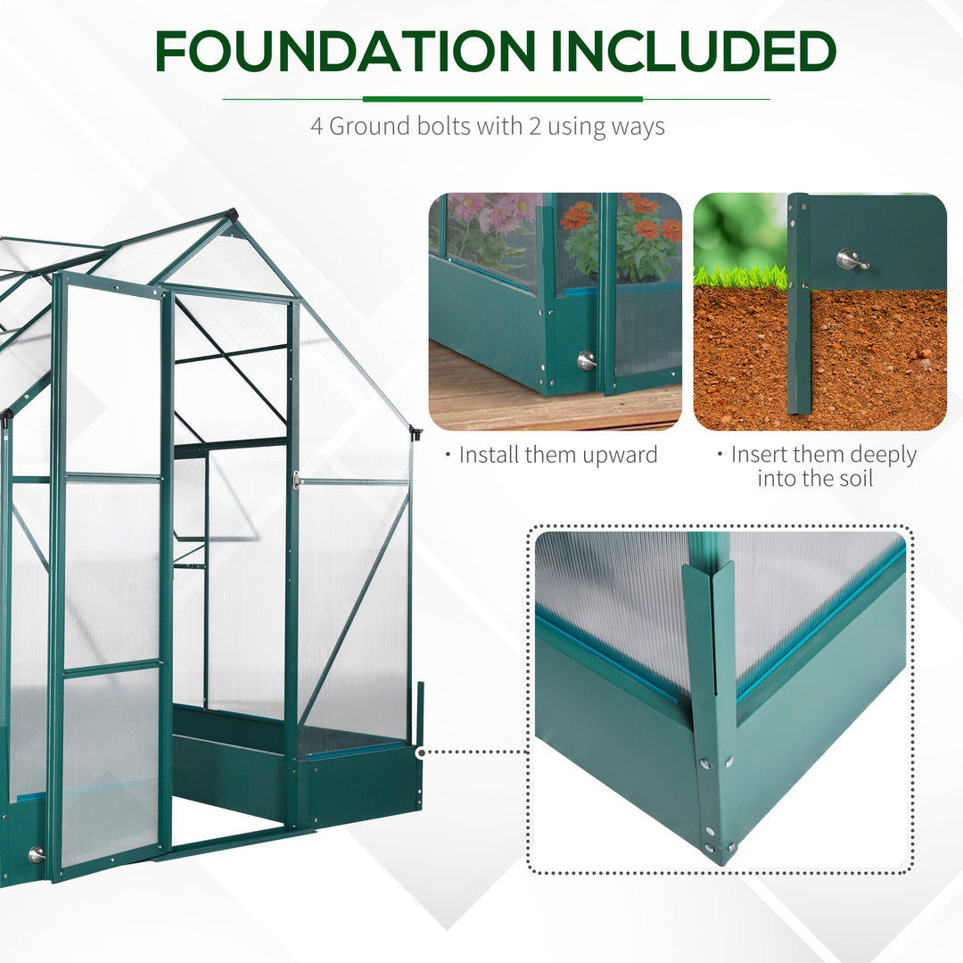 6x8 FT Polycarbonate Greenhouse with Base and Raised Bed, Walk-in Greenhouse with Aluminium Frame, Temperature Controlled Window, Foundation for Plants, Flowers, Vegetable