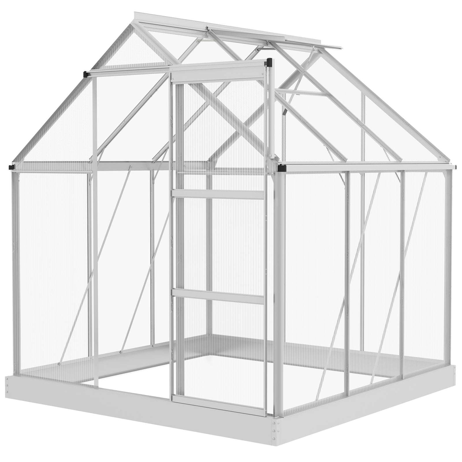 6 x 6ft Walk-In Greenhouse, Polycarbonate Greenhouse with Sliding Door, Window, Aluminium Frame, Foundation, Silver