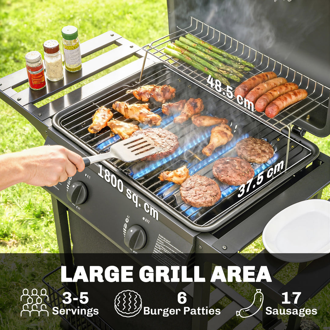 Gas Burner Barbecue Grill, 2 Burner Gas Grill with Side Tables, Warmin
