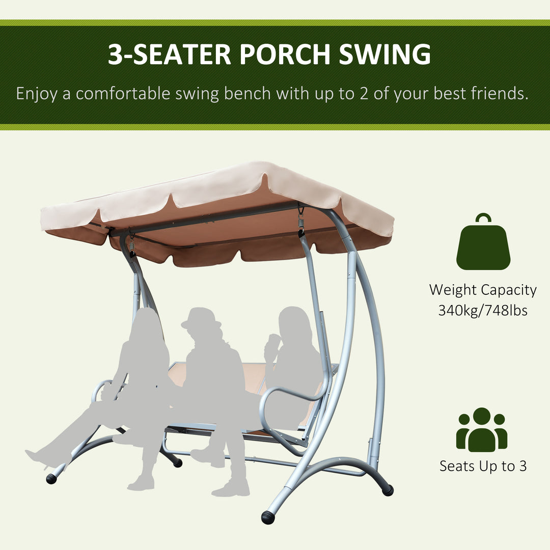 3 Seater Garden Swing Seat Bench Steel Swing Chair with Adjustable Canopy for Outdoor Patio Porch - Beige