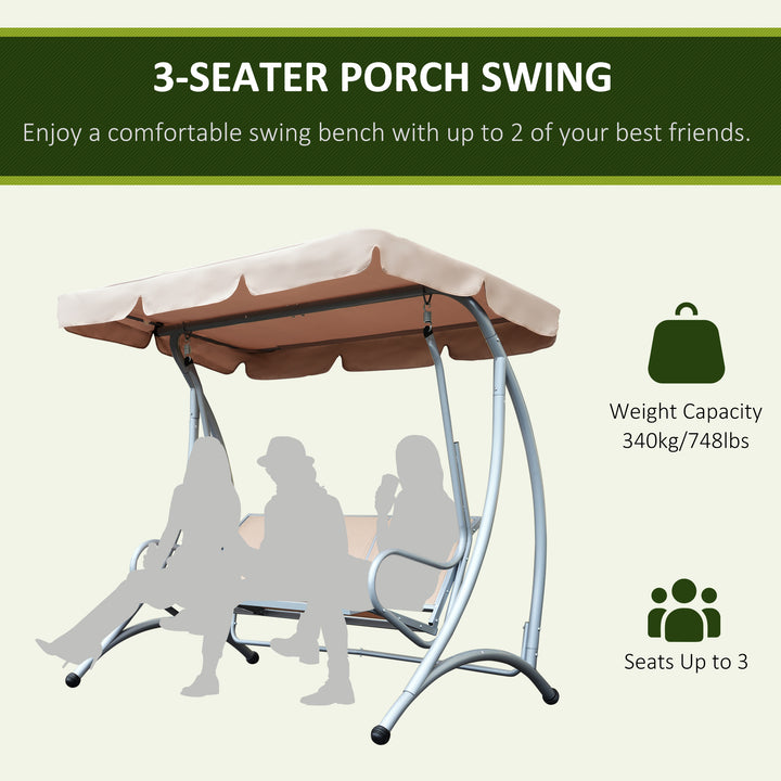 3 Seater Garden Swing Seat Bench Steel Swing Chair with Adjustable Canopy for Outdoor Patio Porch - Beige