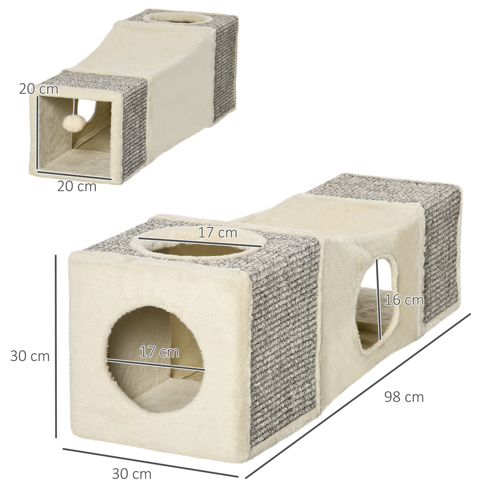 Cat Tunnel, Plush Large Play Tunnel with Two Caves and Hanging Ball, C