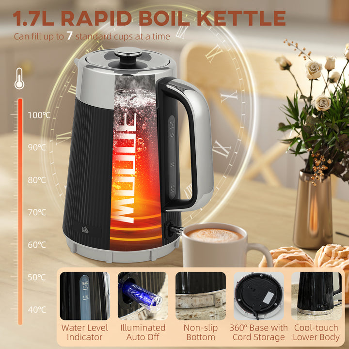 Electric Kettle and Toaster Set, 3000W 1.7L UK Strix Thermostat Rapid Boil Jug Kettle with Limescale Filter, Cool Touch Body, 4 Slice Toaster with 7 Browning Controls, Crumb Tray, Black