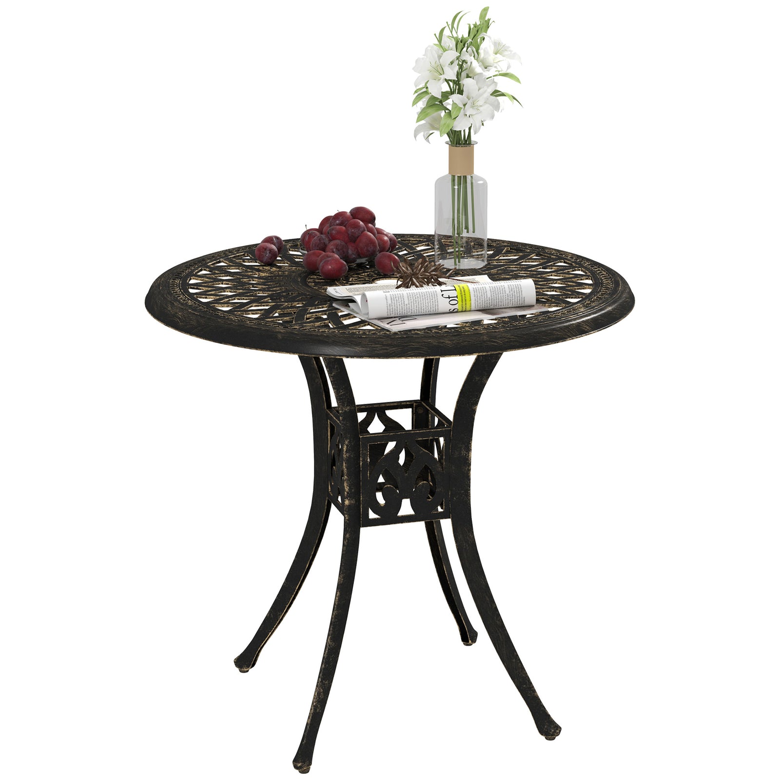 78 cm Round Garden Dining Table with Parasol Hole Antique Cast Aluminium Outdoor Table Only, Bronze Tone