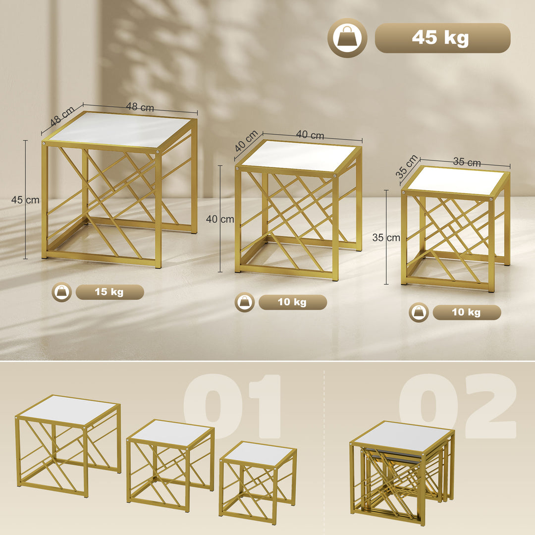 Nesting Coffee Tables, Set of 3 Square Side Tables with Gold Metal Fra