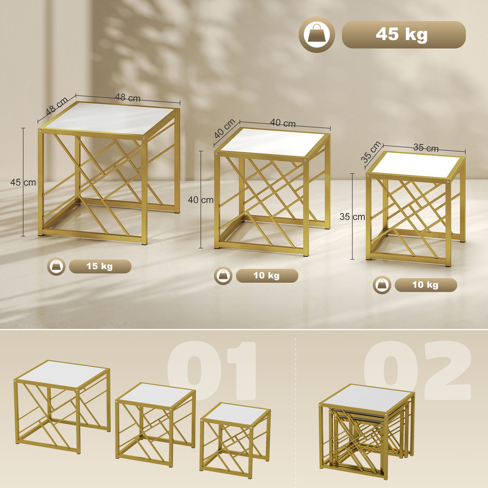 Nesting Coffee Tables, Set of 3 Square Side Tables with Gold Metal Fra