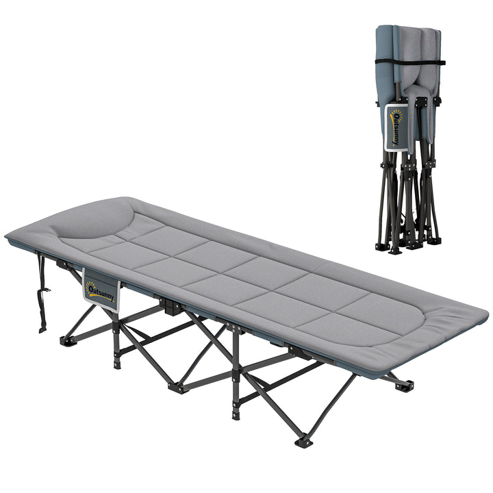 Folding Camping Bed for Adults with Cushion, Heavy Duty Portable Travel Camping Cot with Headrest, Side Pocket and Non-Slip Foot Pads for Outdoor Beach Travel Office, Grey